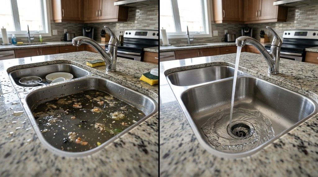 Fix Kitchen Sink Drain showing a homeowner clearing a blocked drain beneath the kitchen sink.