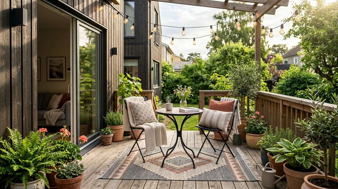 Furniture Ideas for Small Deck showing modern patio furniture arranged on a cozy wooden deck.