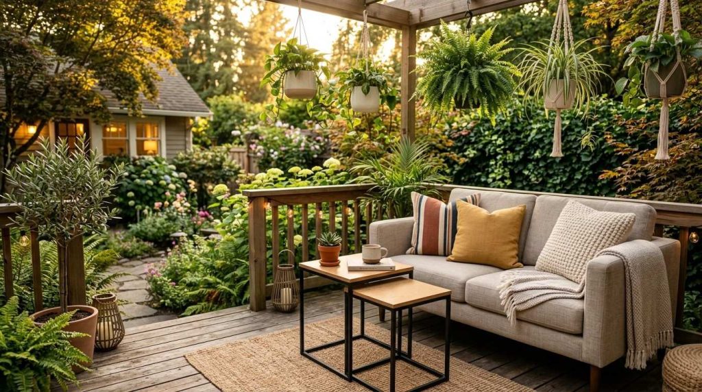 Furniture Ideas for Small Deck with foldable chairs, outdoor cushions, and decorative potted plants.