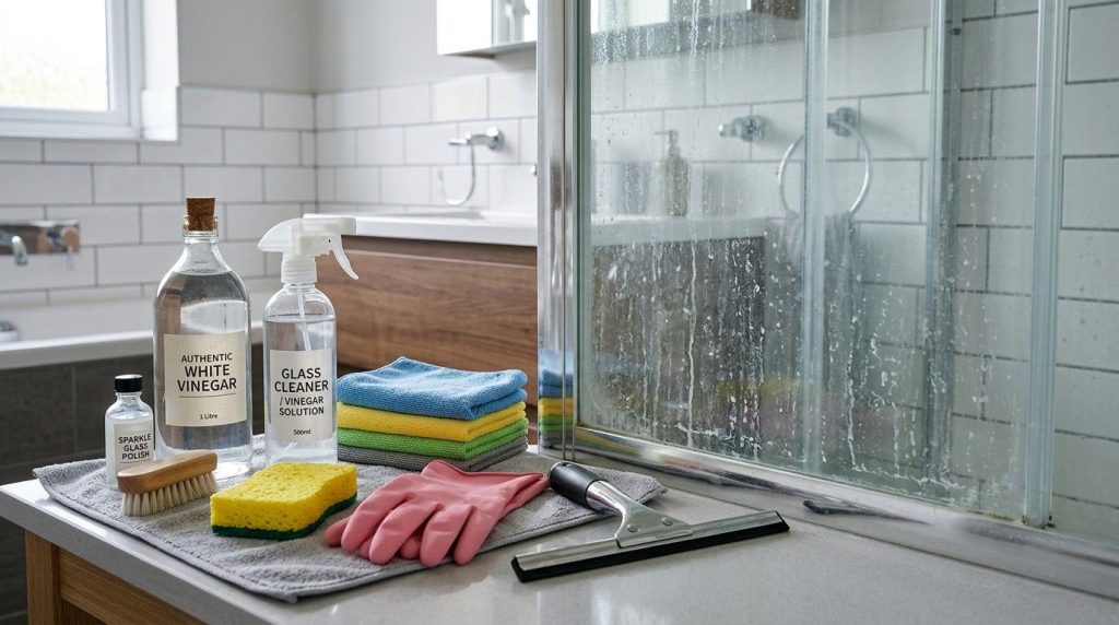 How Can I Remove Hard Water Stains from Glass showing stubborn mineral deposits being wiped from a glass window.