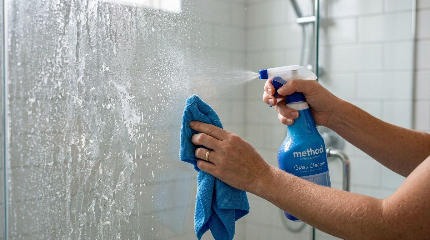 How Can I Remove Hard Water Stains from Glass by cleaning a shower door with a microfiber cloth and glass cleaner.