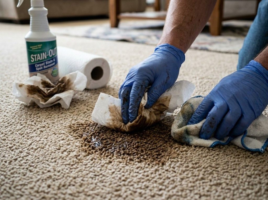 How Do I Get Wood Stain Out of Carpet showing a homeowner cleaning carpet fibers with a stain remover.