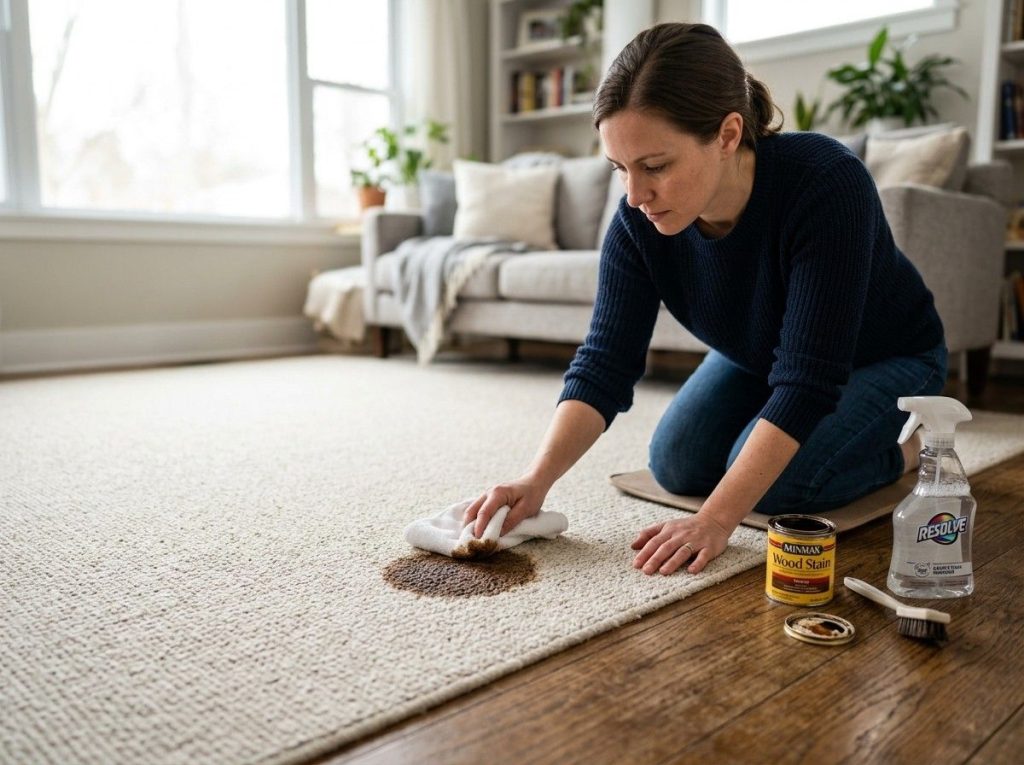 How Do I Get Wood Stain Out of Carpet using gentle cleaning supplies to remove stubborn wood stain spots.