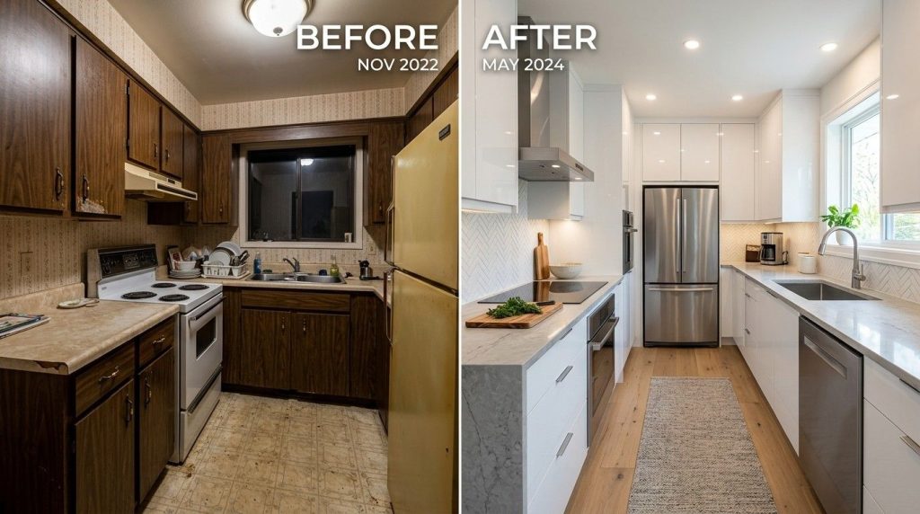 How Much Does It Cost to Remodel a Small Kitchen showing a modern kitchen renovation with new cabinets and countertops.