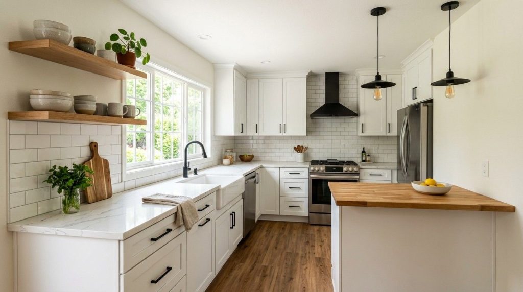 How Much Does It Cost to Remodel a Small Kitchen featuring before and after views of a compact kitchen makeover.
