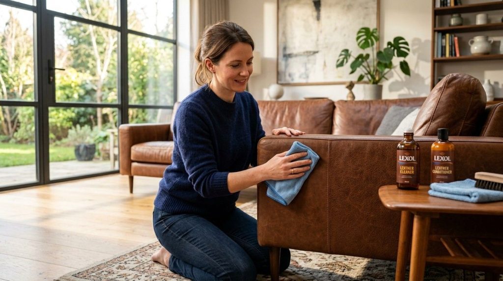 How to Care for Leather Furniture by cleaning and conditioning a leather sofa with a soft microfiber cloth.