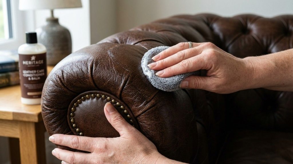 How to Care for Leather Furniture showing a homeowner applying leather conditioner to protect the natural finish.