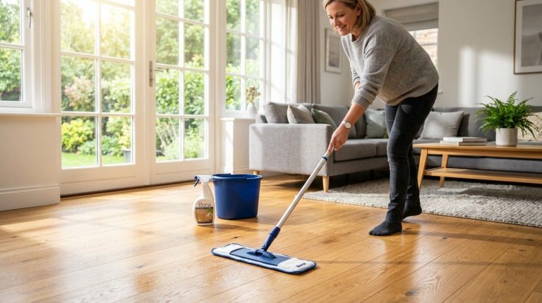 How to Clean Prefinished Hardwood Floors by gently mopping with a microfiber mop and hardwood floor cleaner.