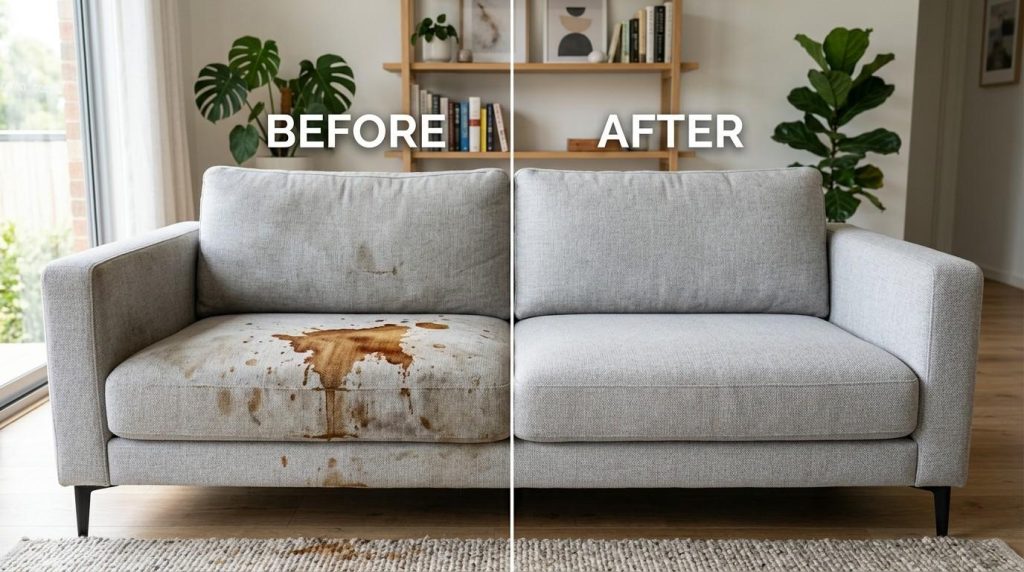 How to Clean Spots on Couch showing a homeowner removing stains with a safe upholstery cleaner.