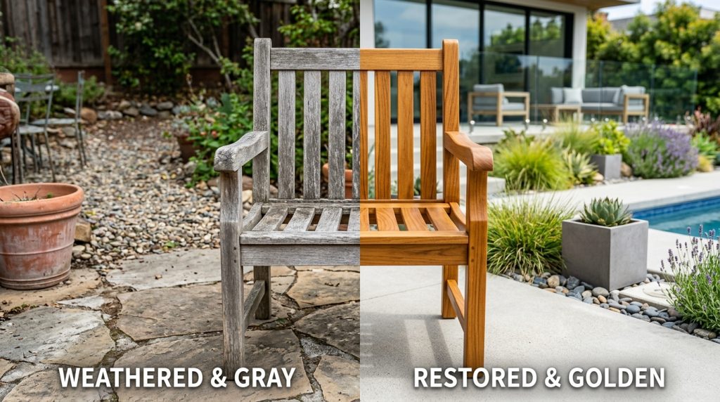 How to Clean Teak Wood Outdoor Furniture showing a homeowner washing a teak patio table with clean water.