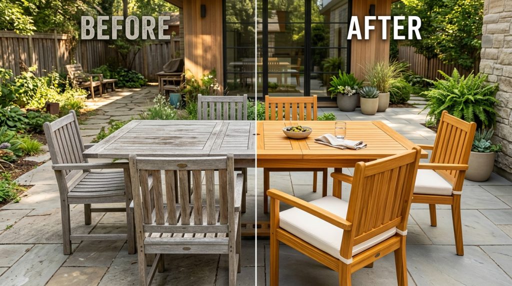 How to Clean Teak Wood Outdoor Furniture using a non-abrasive cleaner to restore the natural wood finish.