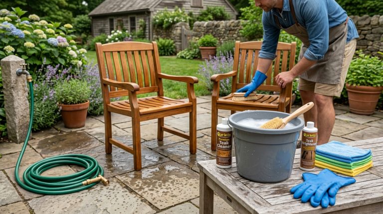 How to Clean Teak Wood Outdoor Furniture by gently scrubbing a teak chair with a soft brush and mild soap.