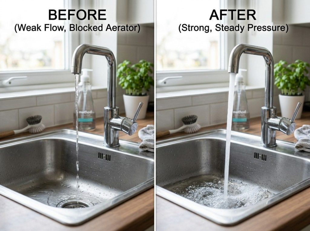 How to Fix Low Water Pressure by cleaning a faucet aerator and improving household water pressure.