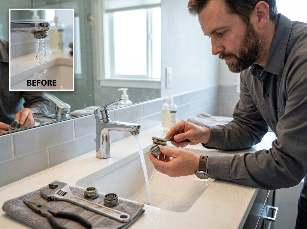 How to Fix Low Water Pressure showing a homeowner checking the main water shut-off valve.