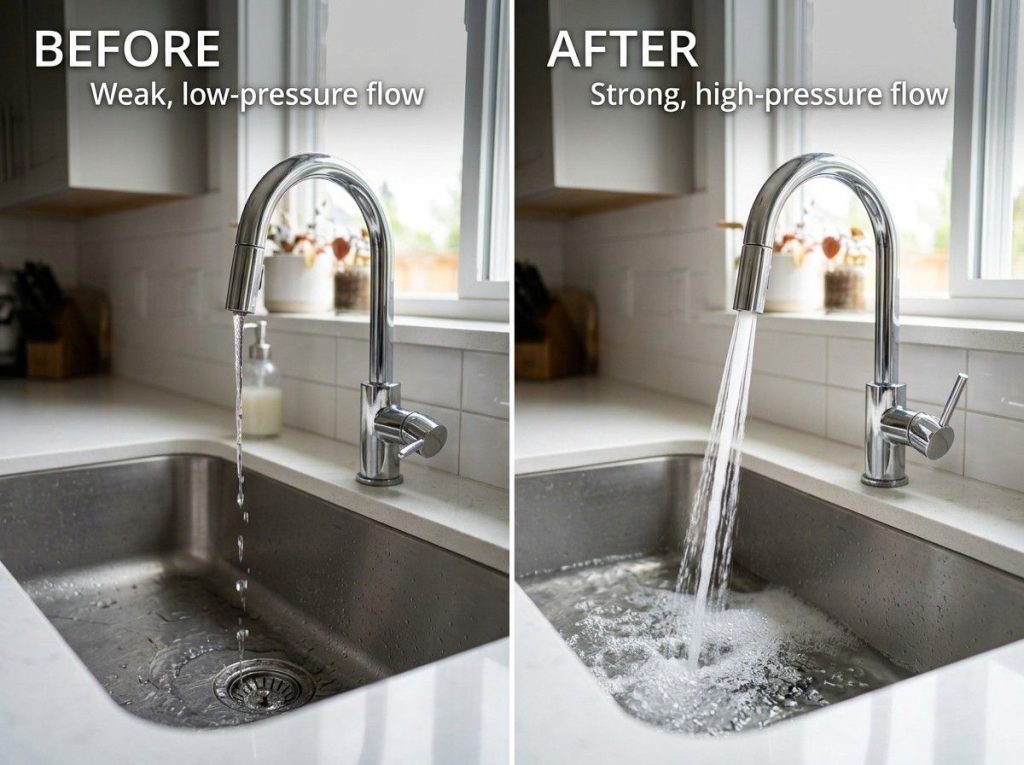How to Fix Low Water Pressure with a plumber repairing clogged pipes to restore strong water flow.