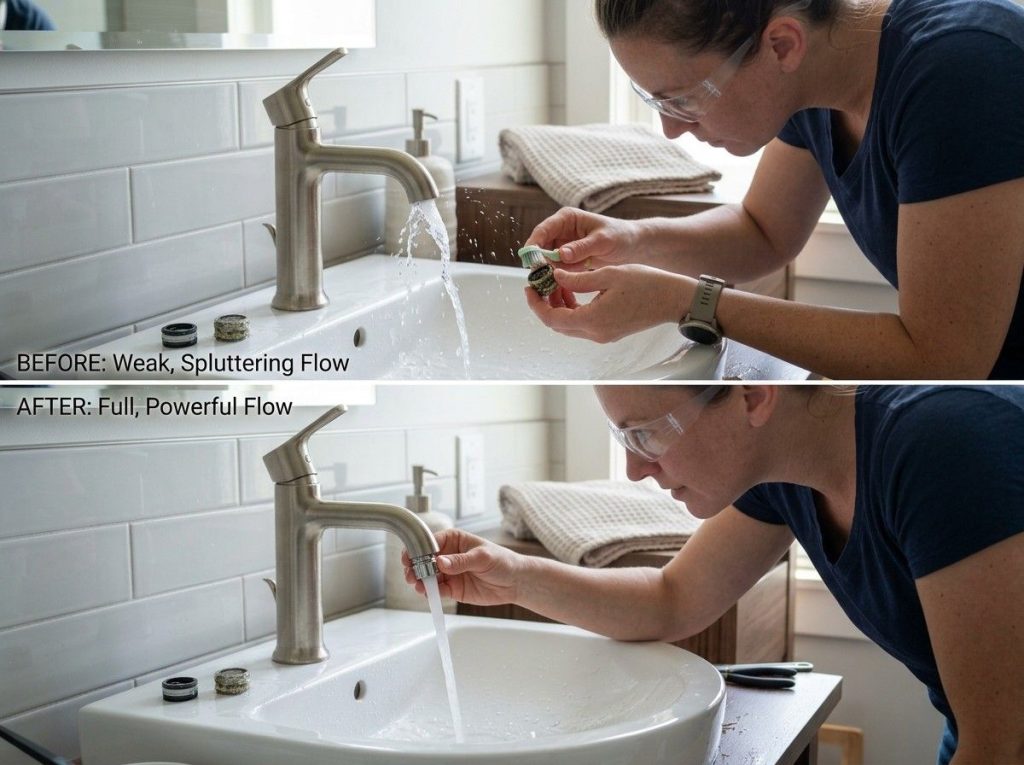How to Fix Low Water Pressure in Home showing a homeowner checking the main water shut-off valve.