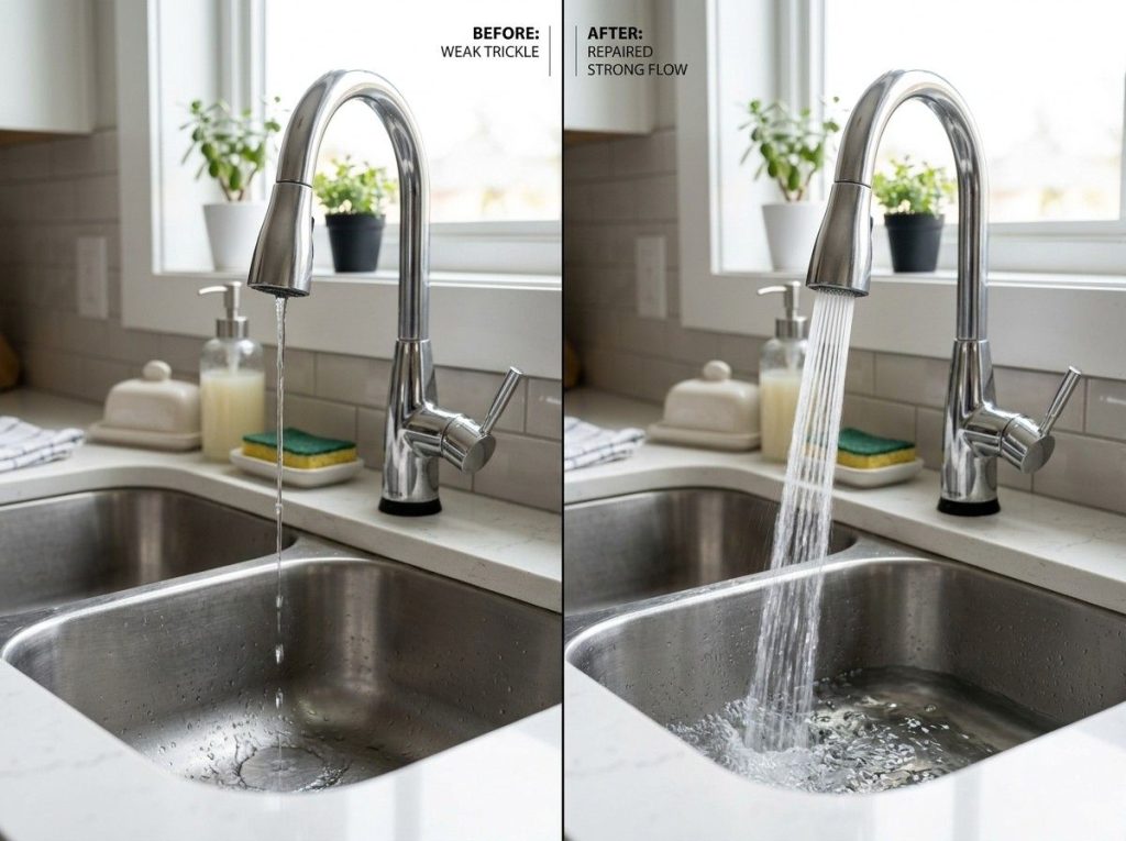 How to Fix Low Water Pressure in Home with a plumber repairing clogged pipes and restoring water flow.