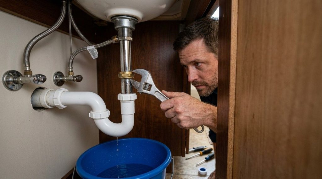 How to Fix a Leaky Sink showing a homeowner repairing a dripping faucet with basic plumbing tools.