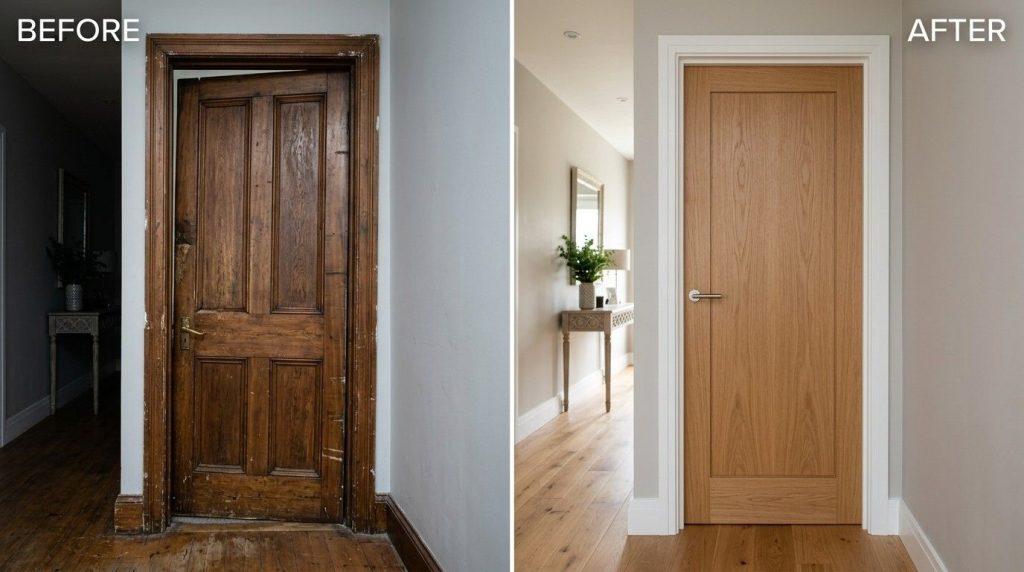 How to Fix a Warped Door showing a homeowner repairing a wooden door with basic carpentry tools.