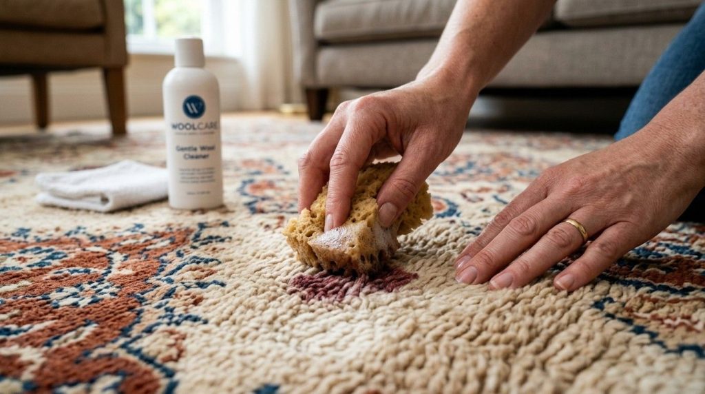 How to Get a Stain Out of a Wool Carpet showing a homeowner using a wool-safe carpet cleaner on a fresh stain.
