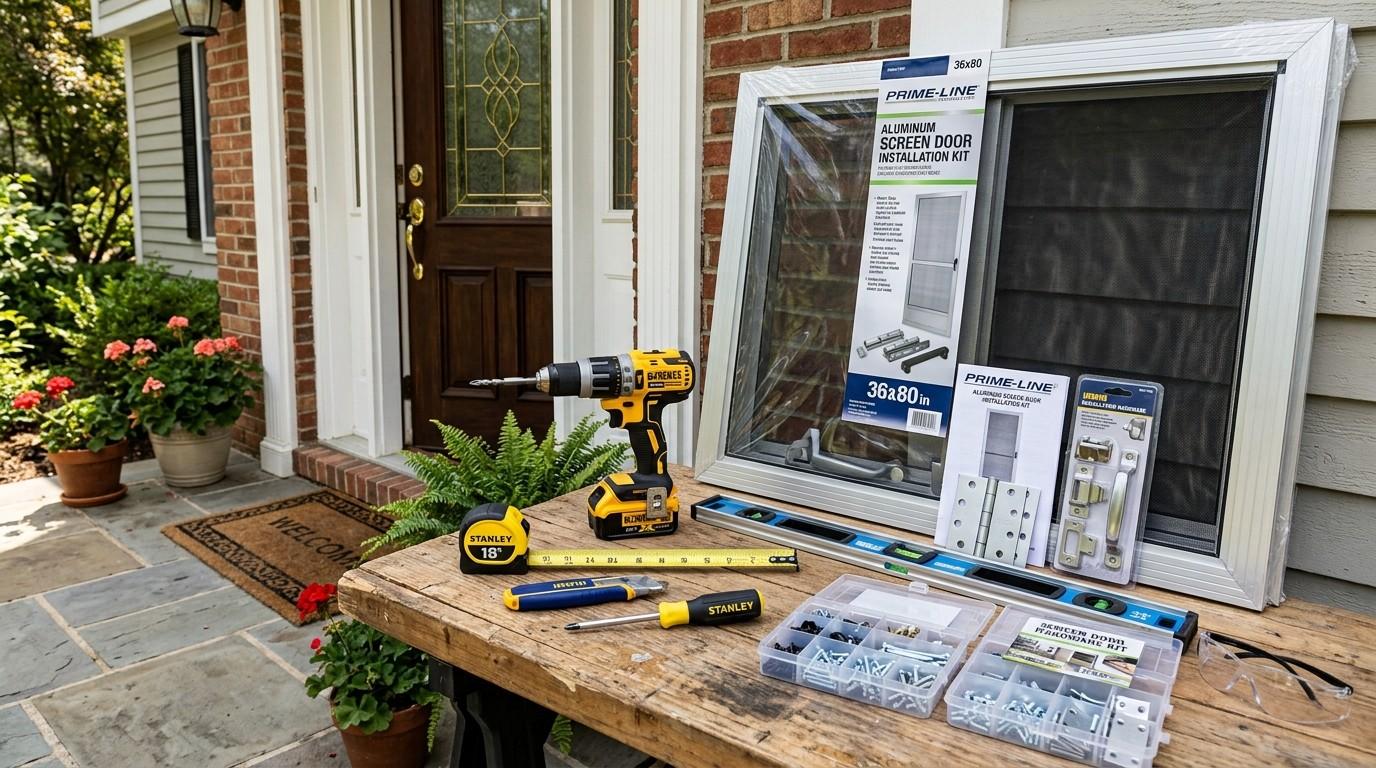 How to Install a Screen Door showing a homeowner attaching the screen door to the exterior door frame.
