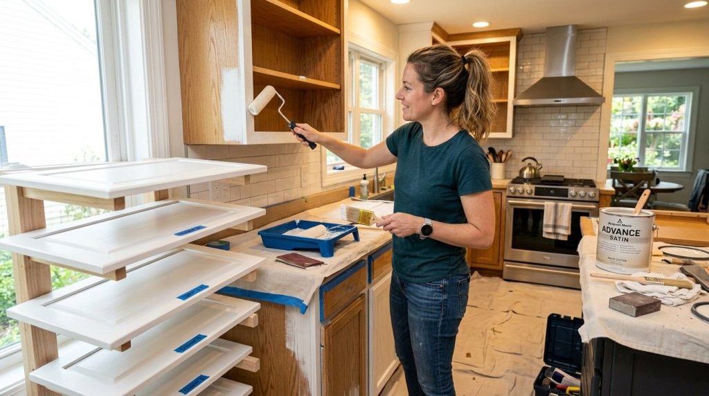 How to Make Oak Kitchen Cabinets Look Modern showing a bright kitchen with modern lighting and sleek finishes.