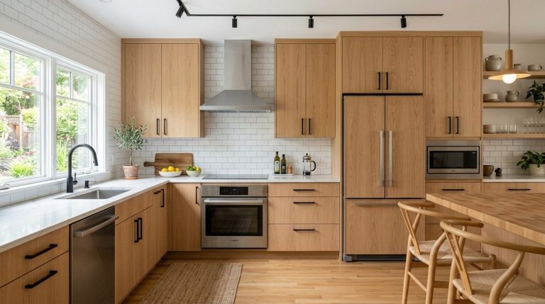 How to Make Oak Kitchen Cabinets Look Modern by updating cabinet hardware and adding a fresh coat of paint.