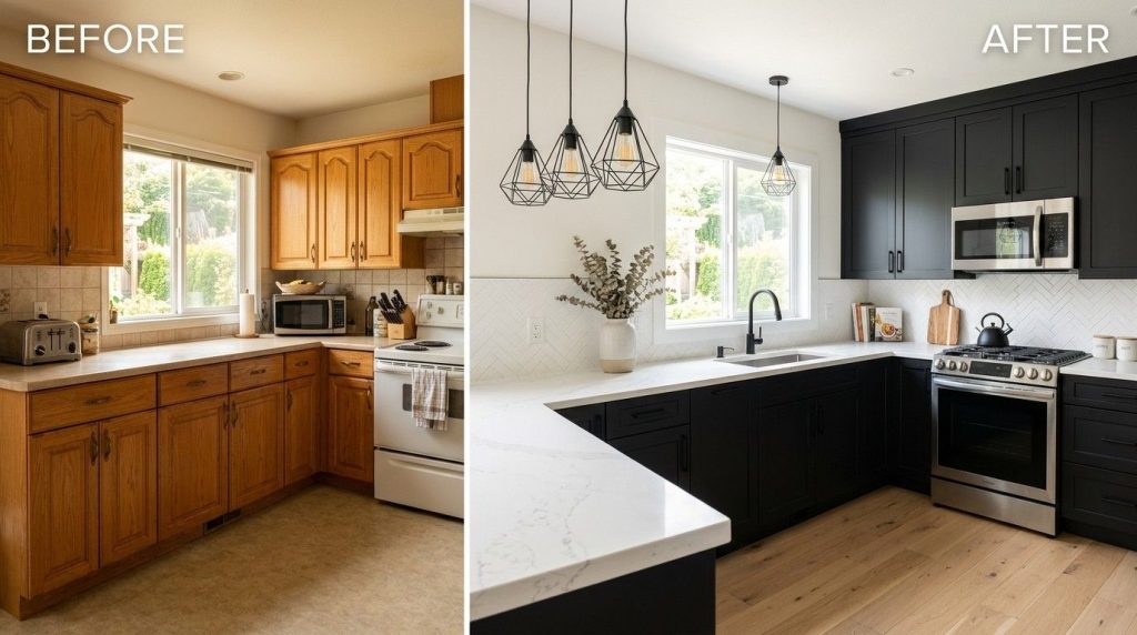How to Make Oak Kitchen Cabinets Look Modern using neutral colors, stylish countertops, and contemporary decor.