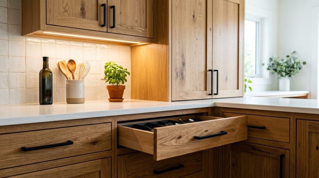 How to Make Oak Kitchen Cabinets Look Modern with before and after cabinet updates in a renovated kitchen.