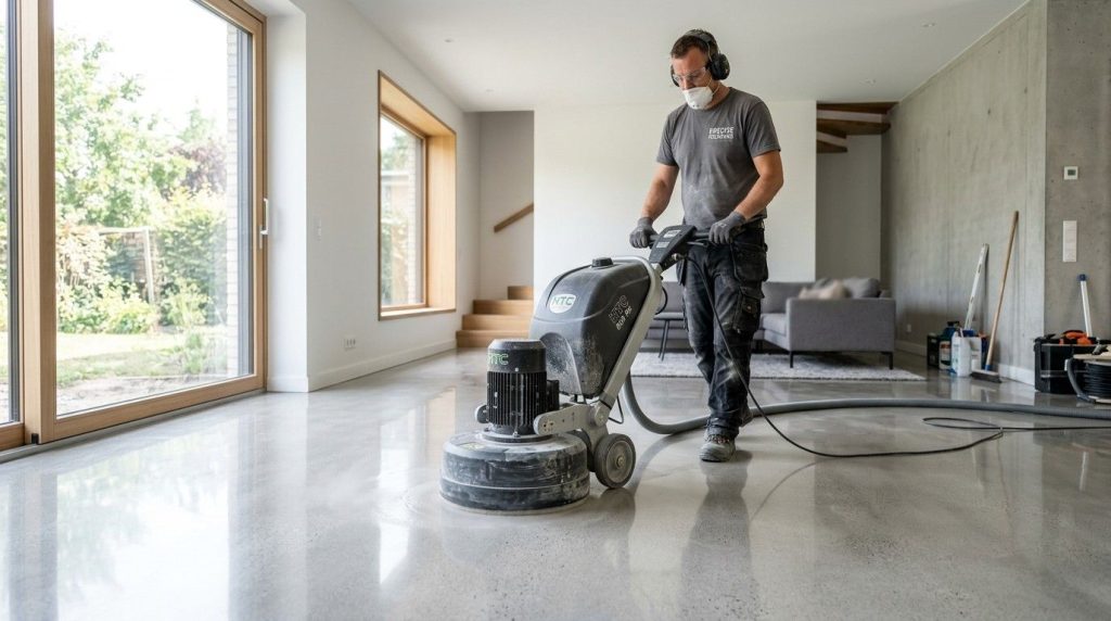 How to Polish Cement Floor showing a homeowner polishing a concrete floor with professional equipment.