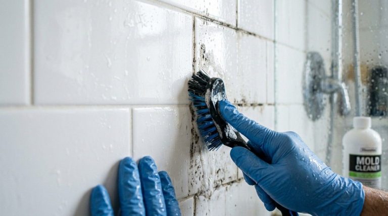 How to Remove Black Mold from Shower showing a homeowner cleaning mold from grout lines with a soft brush.