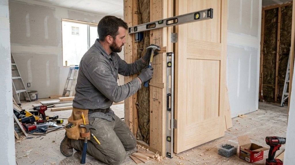 How to Shim a Door by inserting wooden shims behind the door frame for proper alignment.
