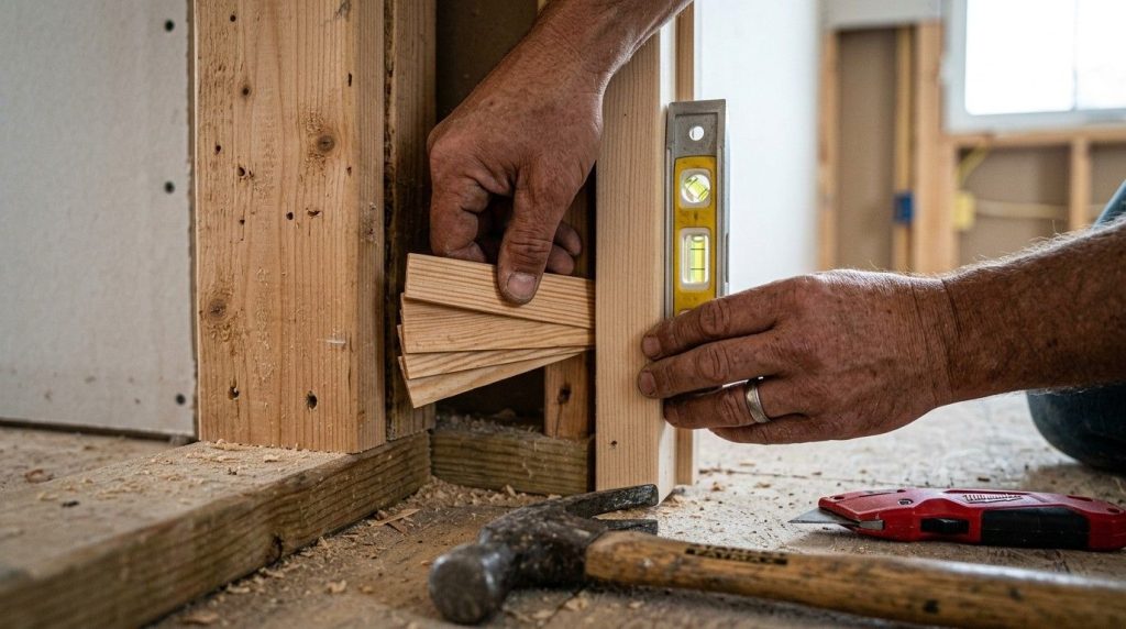 How to Shim a Door showing a homeowner adjusting a door frame with wood shims and basic tools.