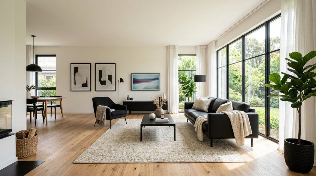 Living Room Color Ideas for Black Furniture with white walls, black furniture, and contemporary home décor accents.