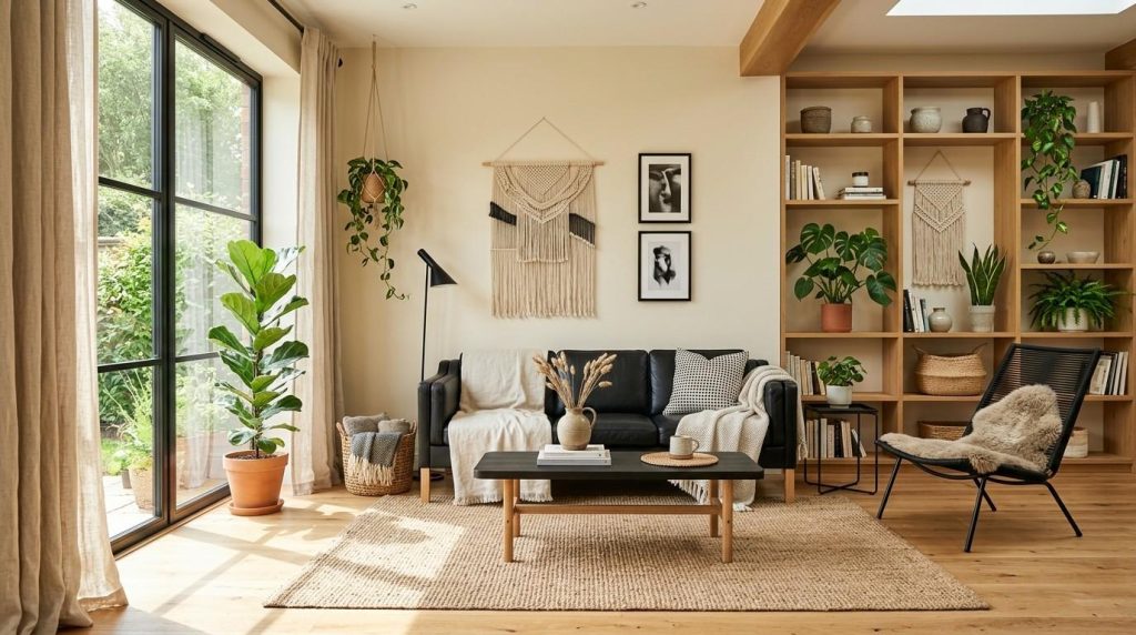 Living Room Color Ideas for Black Furniture highlighting a modern living room with gray walls and sleek black furnishings.