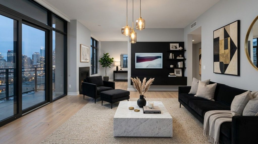 Living Room Color Ideas for Black Furniture showing warm beige walls paired with elegant black furniture and natural lighting.