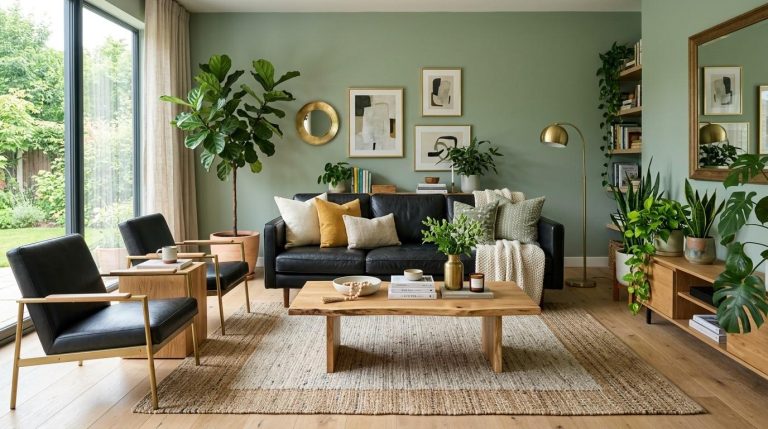 Living Room Color Ideas for Black Furniture featuring soft neutral walls and modern black sofas in a stylish living room.