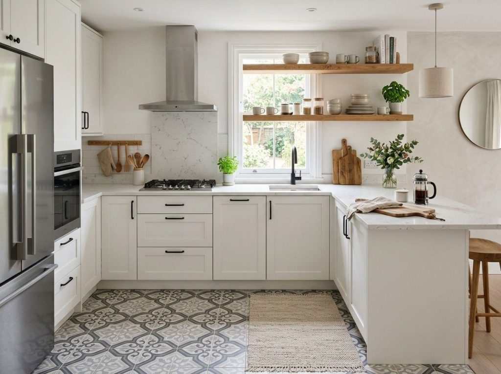Small Kitchen Floor Tile Ideas showcasing durable porcelain tiles with a clean and contemporary design.