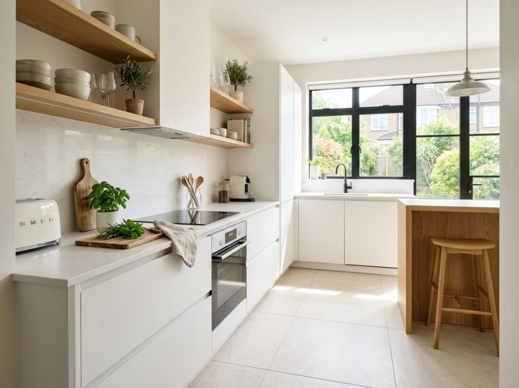Small Kitchen Floor Tile Ideas using light-colored floor tiles to create an open and spacious look.