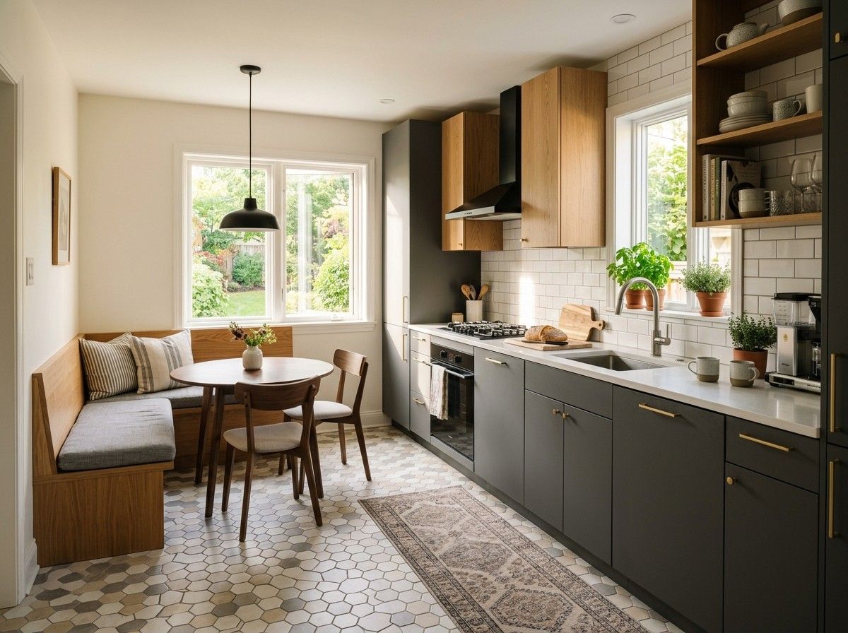 Small Kitchen Floor Tile Ideas featuring modern patterned tiles in a bright and compact kitchen.