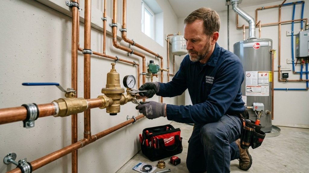 Water Pressure Regulator How to Adjust by turning the adjustment screw with a wrench for proper water pressure.