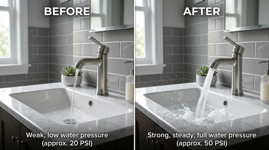 Water Pressure Regulator How to Adjust showing a homeowner checking the regulator near the main water supply line.