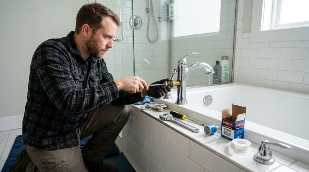 Bathtub Faucet Drips How to Fix showing a homeowner repairing a leaking bathtub faucet with basic plumbing tools.