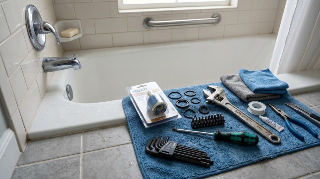 Bathtub Faucet Drips How to Fix using a wrench to remove the faucet handle and replace faulty parts.