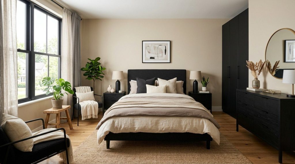 Black Furniture Bedroom Ideas featuring a stylish bedroom with a black bed frame, nightstands, and neutral bedding.
