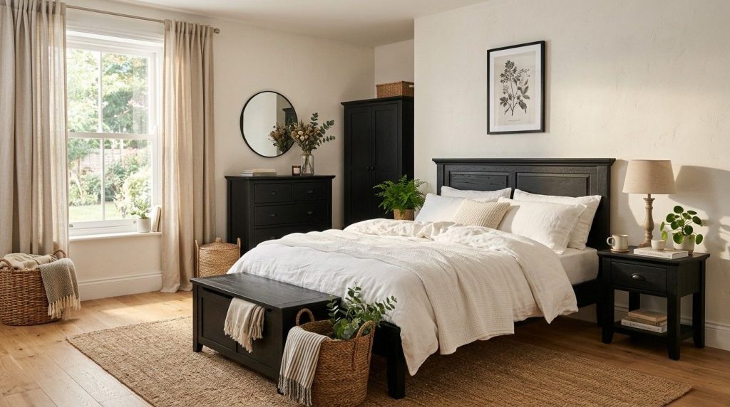 Black Furniture Bedroom Ideas showing a cozy bedroom with black furniture, light walls, and warm decorative accents.