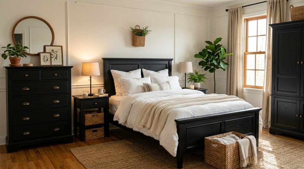 Black Furniture Bedroom Ideas highlighting modern black bedroom furniture paired with soft textiles and natural décor.