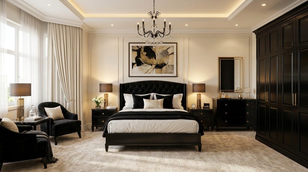 Black Furniture Bedroom Ideas showcasing an elegant bedroom with black furniture, layered bedding, and balanced lighting.