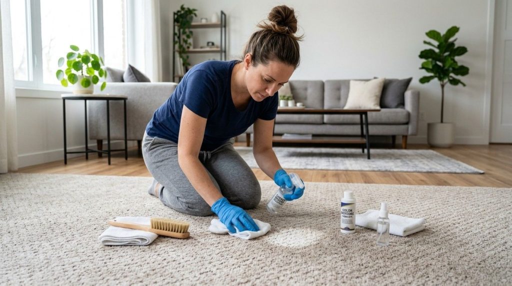 How Do You Remove Bleach Stains from Carpet showing a homeowner treating a discolored carpet area with a suitable cleaning solution.