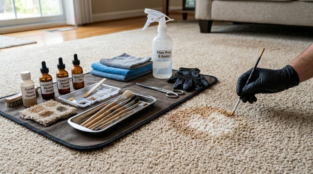 How Do You Remove Bleach Stains from Carpet featuring a close-up of a lightened carpet spot being carefully repaired.